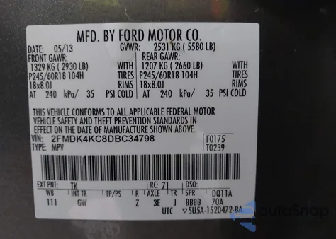 2013 Ford Edge Limited z USA, uszkodzony, nr VIN 2FMDK4KC8DBC34798